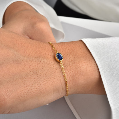 Oval Sapphire Bezel Bracelet in 14K Solid Gold, September Birthstone