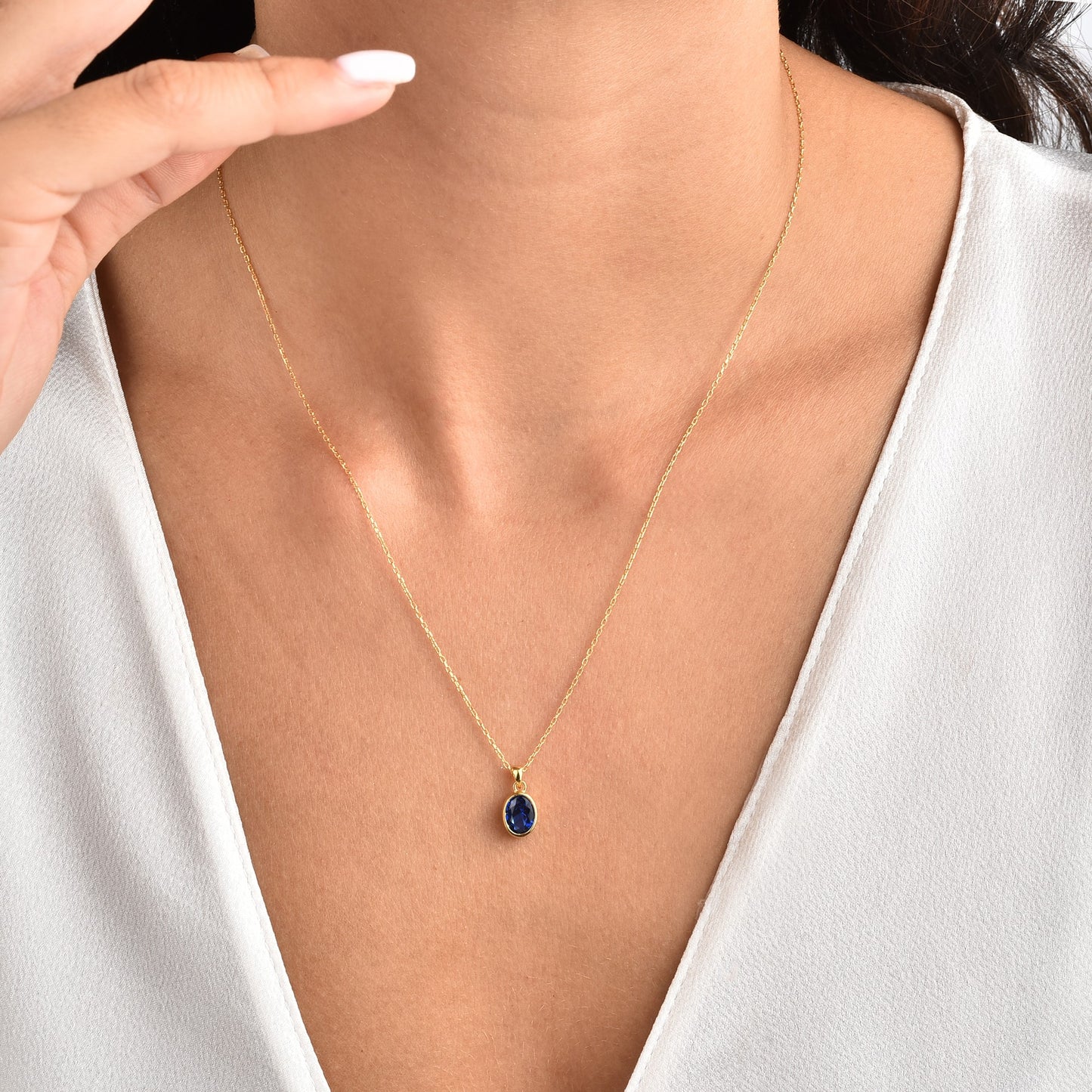 Oval Sapphire Bezel Necklace 14K Solid Gold, September Birthstone Charm Pendant