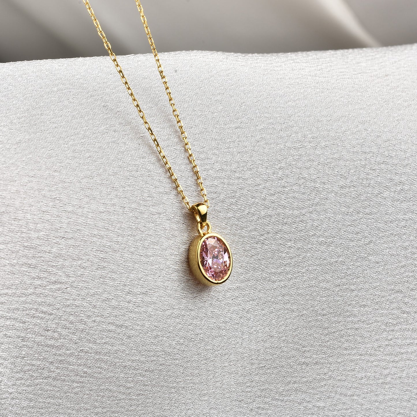 Oval Pink Tourmaline Bezel Necklace 14K Solid Gold, October Birthstone Charm Pendant