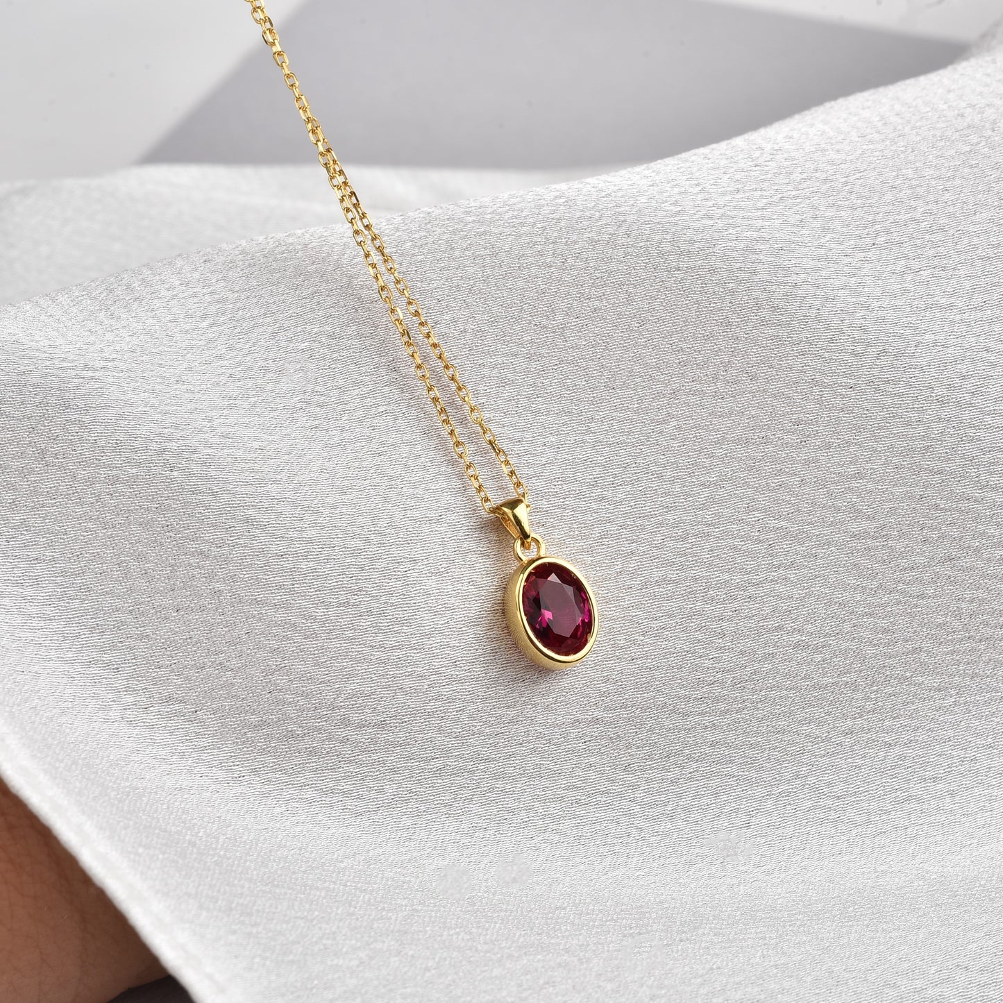 Oval Ruby Bezel Necklace 14K Solid Gold, July Birthstone Charm Pendant