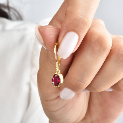 Oval Ruby Bezel Dangle Earrings in 14K Solid Gold, July Birthstone