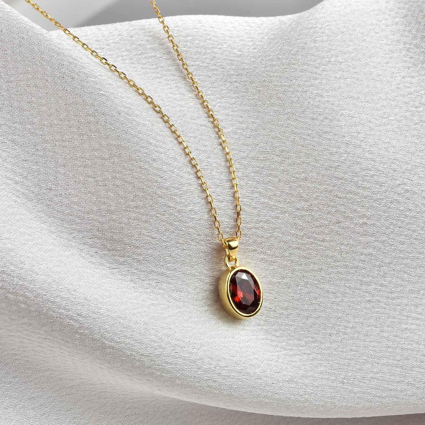 Oval Garnet Bezel Necklace 14K Solid Gold, January Birthstone Charm Pendant