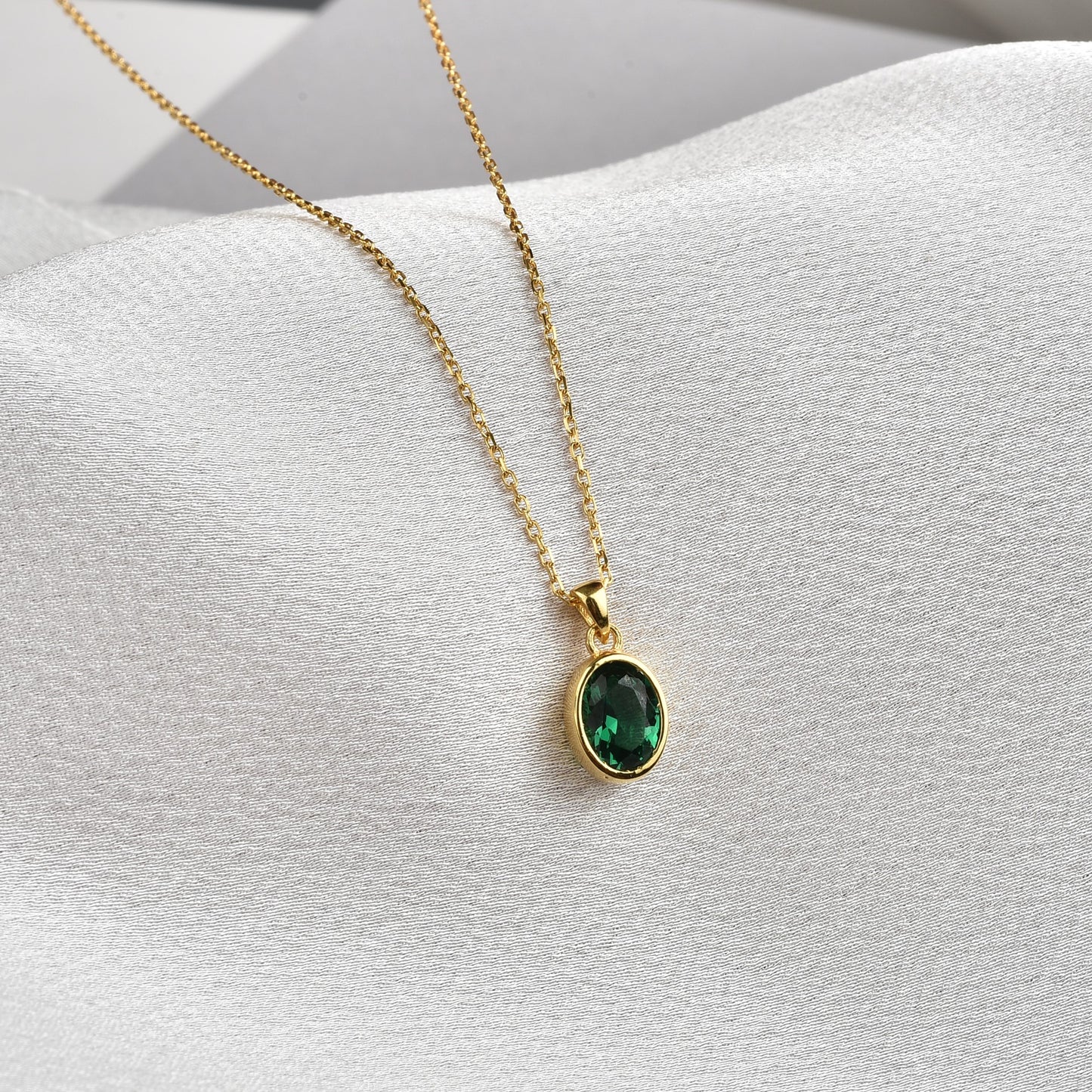 Oval Emerald Bezel Necklace 14K Solid Gold, May Birthstone Charm Pendant