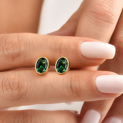 Oval Emerald Bezel Stud Earrings in 14K Solid Gold, May Birthstone