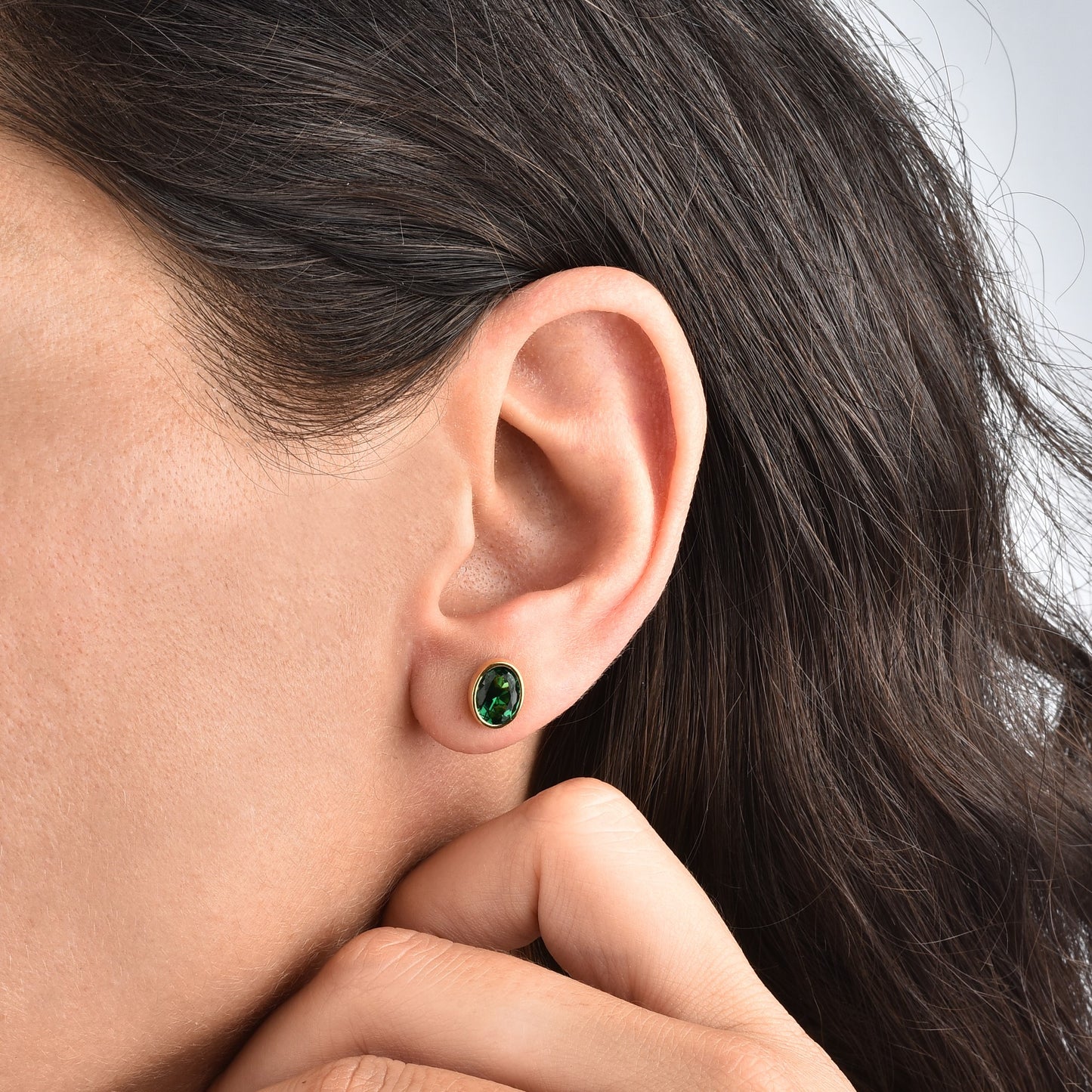 Oval Emerald Bezel Stud Earrings in 14K Solid Gold, May Birthstone