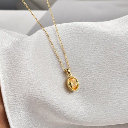 Oval Yellow Topaz Bezel Necklace 14K Solid Gold, Birthstone Charm Pendant