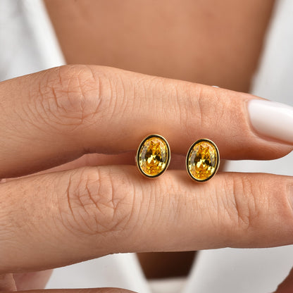 Oval Yellow Topaz Bezel Stud Earrings in 14K Solid Gold, Birthstone Jewelry