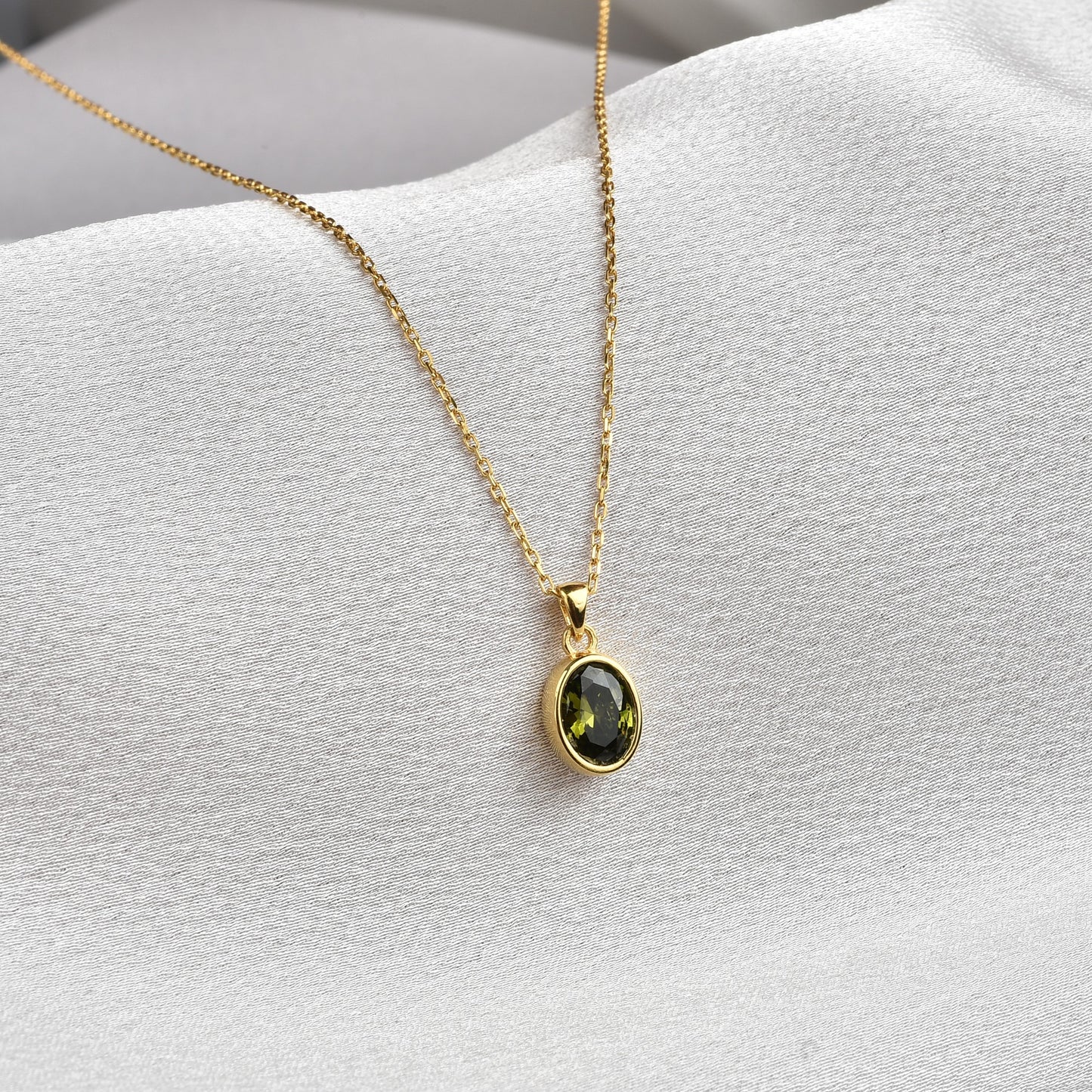 Oval Peridot Bezel Necklace 14K Solid Gold, August Birthstone Charm Pendant