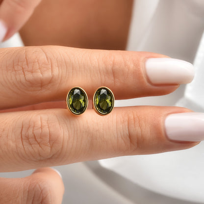 Oval Peridot Bezel Stud Earrings in 14K Solid Gold, August Birthstone