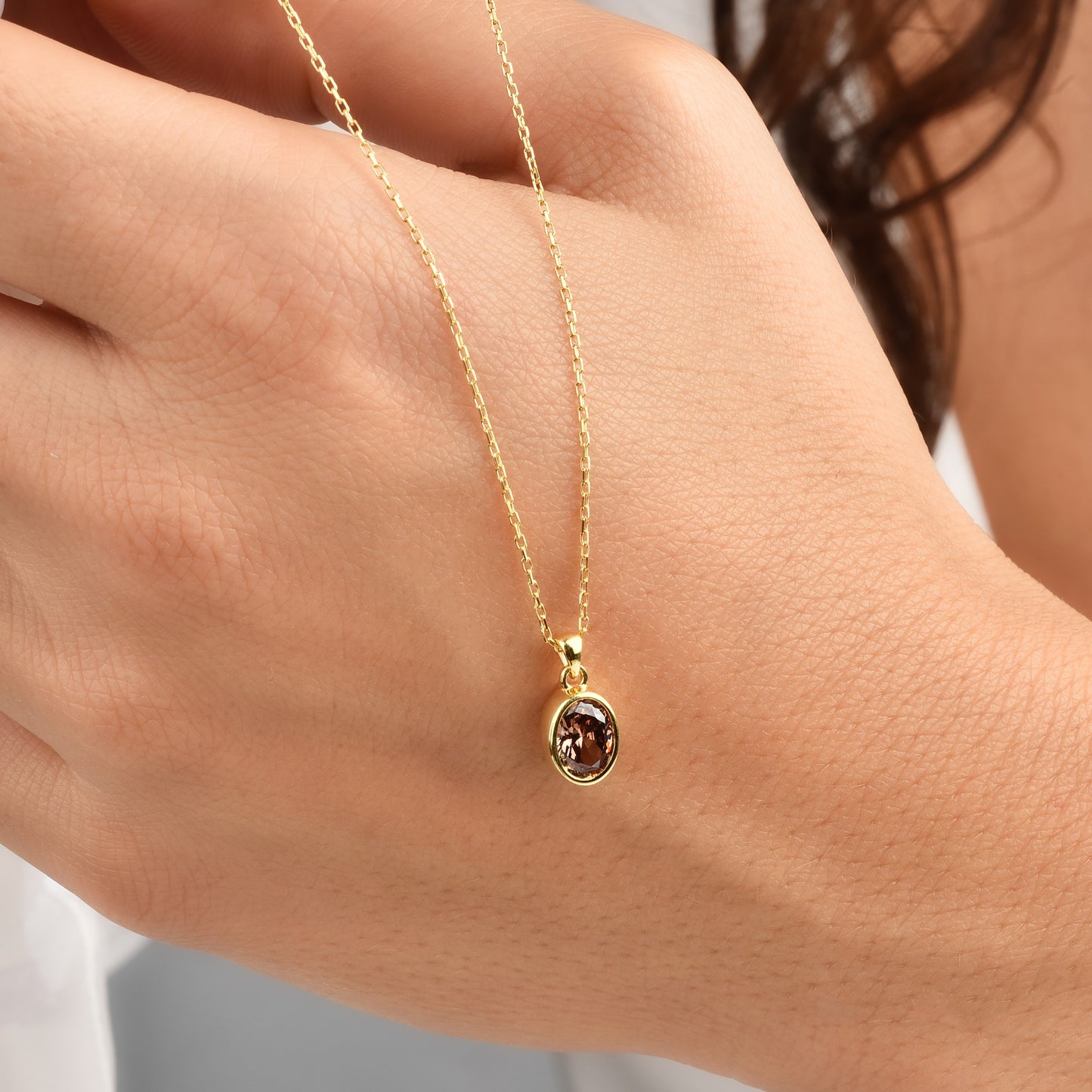 Oval Smoky Quartz Bezel Necklace 14K Solid Gold, Birthstone Charm Pendant