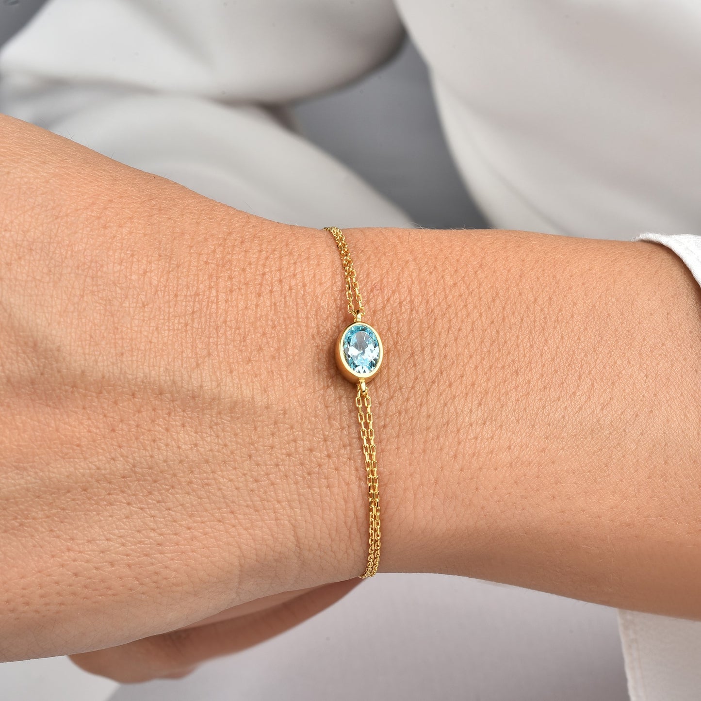 Oval Aquamarine Bezel Bracelet in 14K Solid Gold, March Birthstone