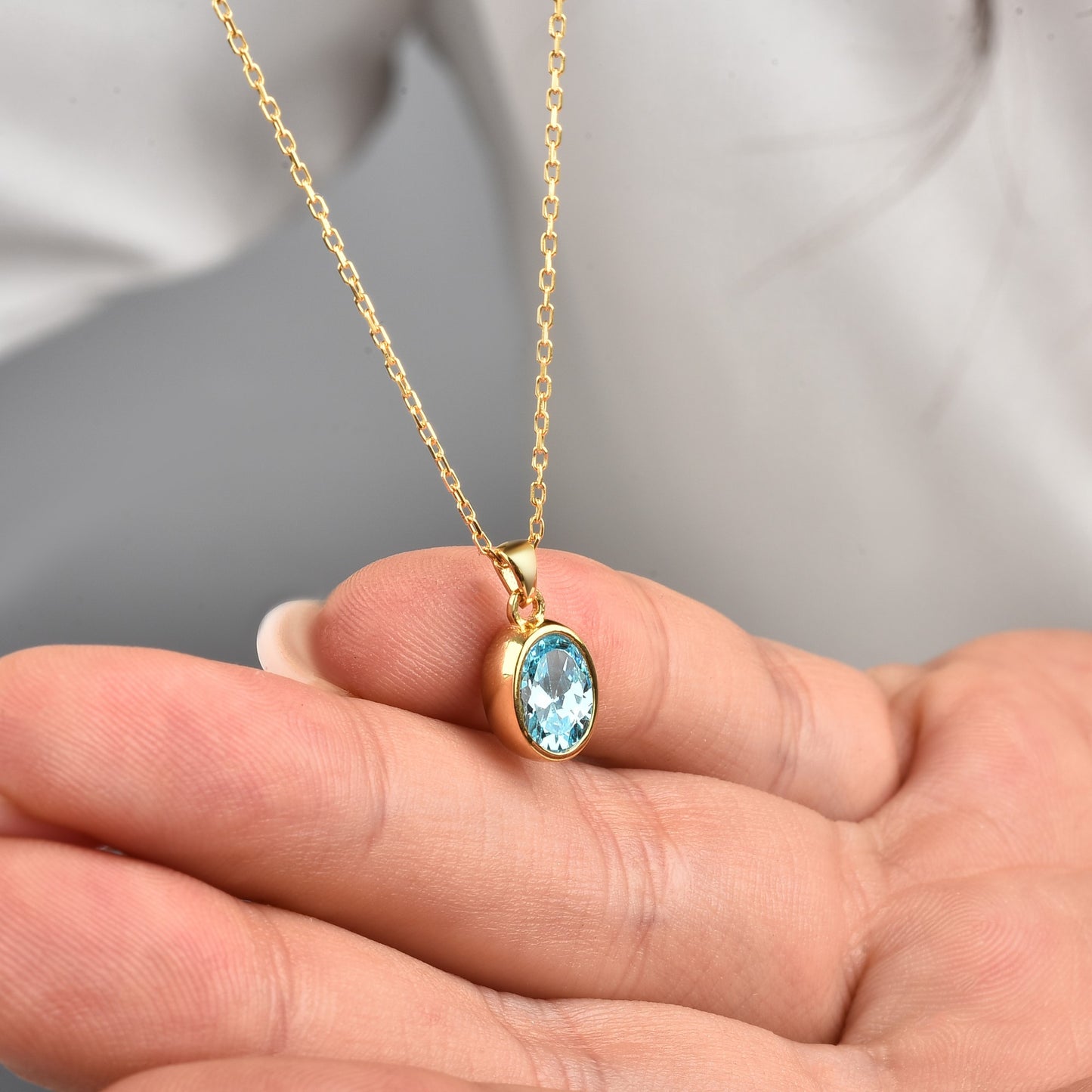 Oval Aquamarine Bezel Necklace 14K Solid Gold, March Birthstone Charm Pendant