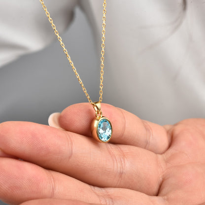 Oval Aquamarine Bezel Necklace 14K Solid Gold, March Birthstone Charm Pendant