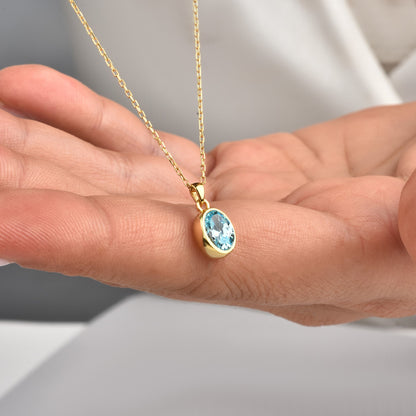 Oval Aquamarine Bezel Necklace 14K Solid Gold, March Birthstone Charm Pendant