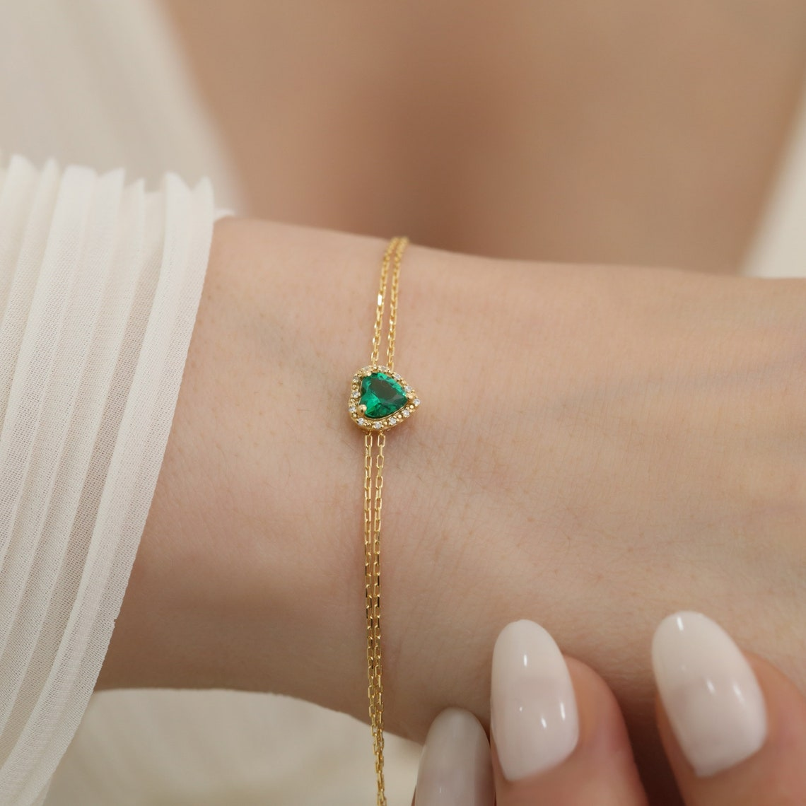 Emerald Heart Bracelet with Real Diamond, 14K Solid Gold, May Birthstone