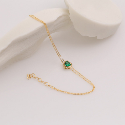 Emerald Heart Bracelet with Real Diamond, 14K Solid Gold, May Birthstone