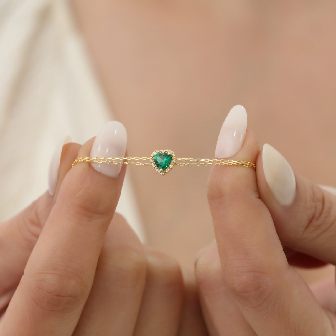 Emerald Heart Bracelet with Real Diamond, 14K Solid Gold, May Birthstone