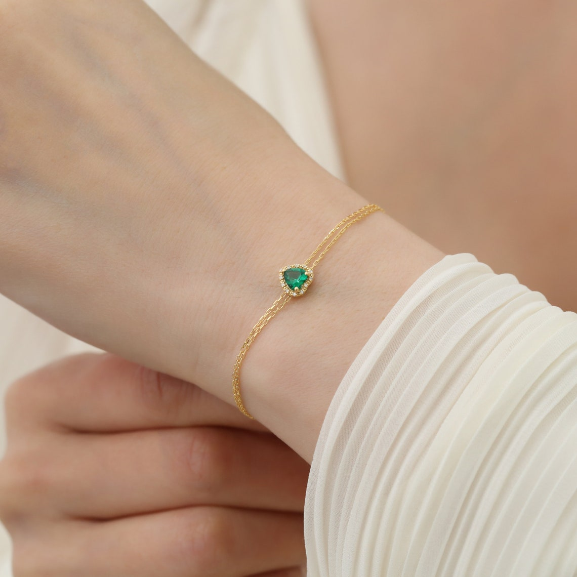 Emerald Heart Bracelet with Real Diamond, 14K Solid Gold, May Birthstone