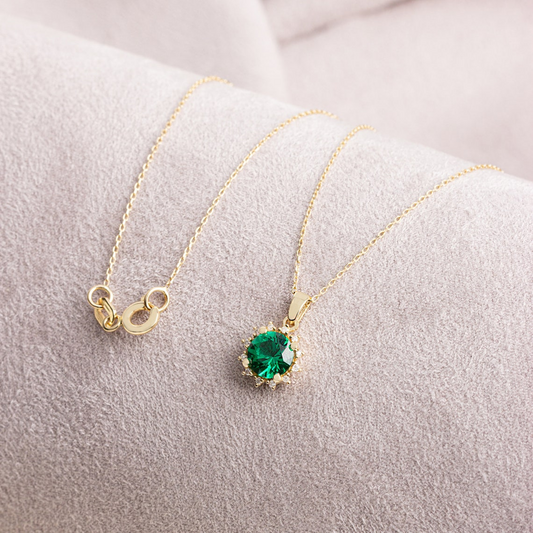 Round Emerald Necklace with Real Diamond, 14K Solid Gold May Birthstone