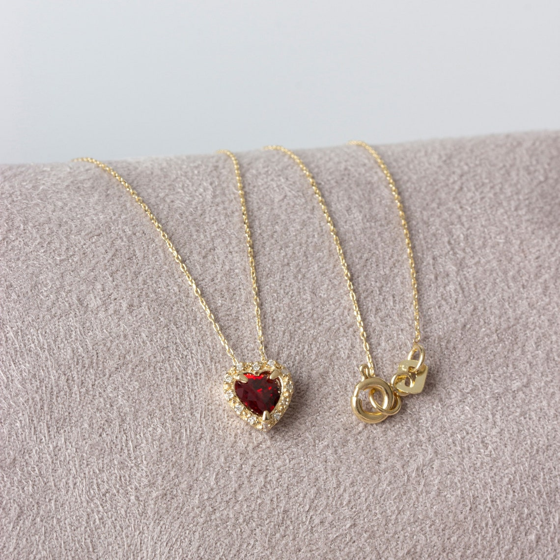 Garnet Heart Necklace with Real Diamond, 14K Solid Gold, January Birthstone