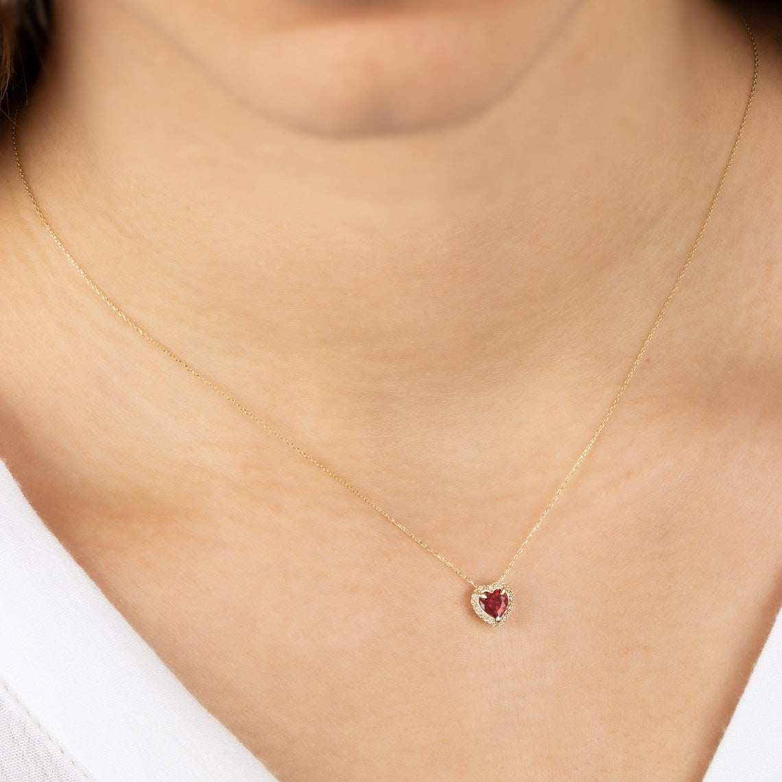 Garnet Heart Necklace with Real Diamond, 14K Solid Gold, January Birthstone