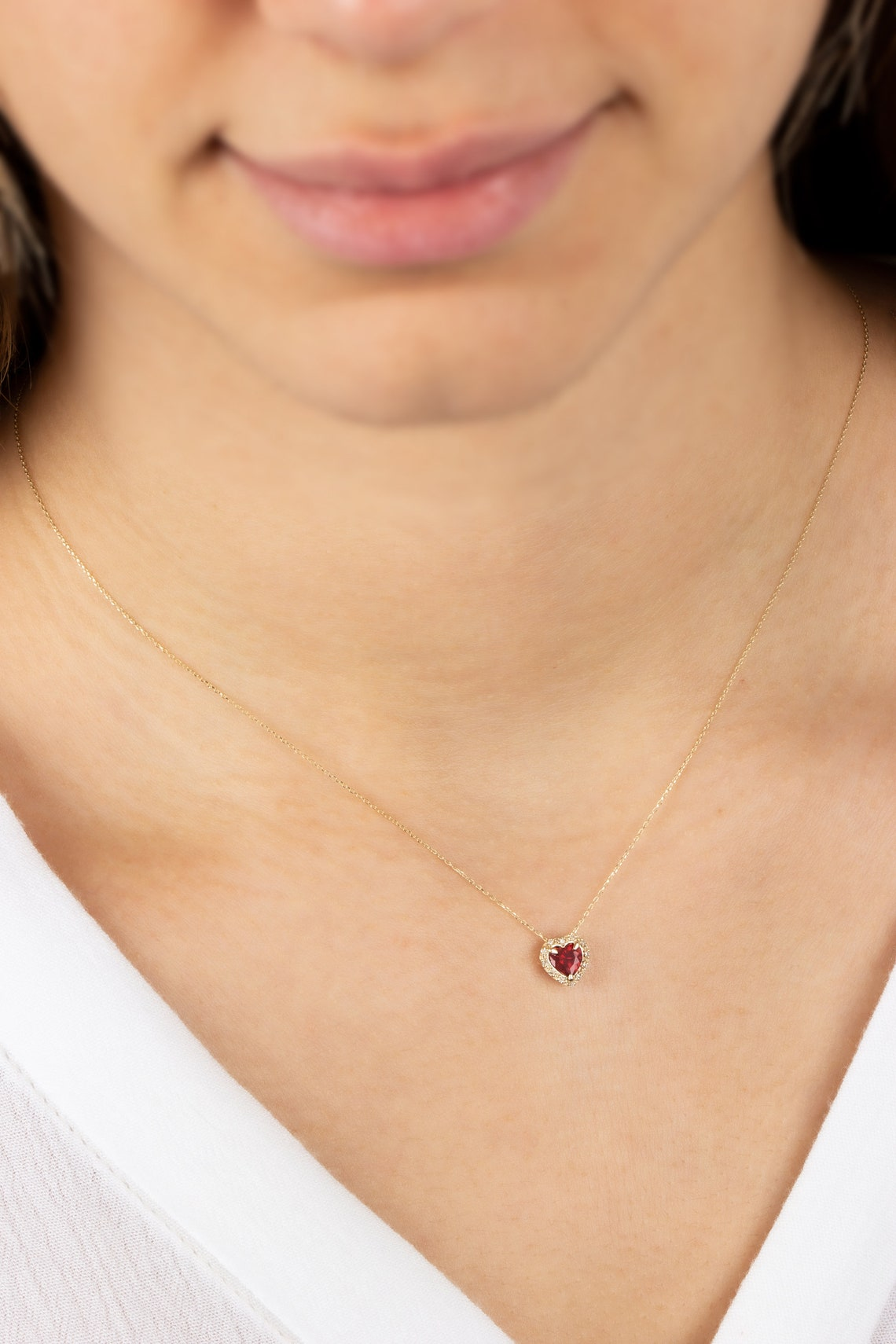 Garnet Heart Necklace with Real Diamond, 14K Solid Gold, January Birthstone