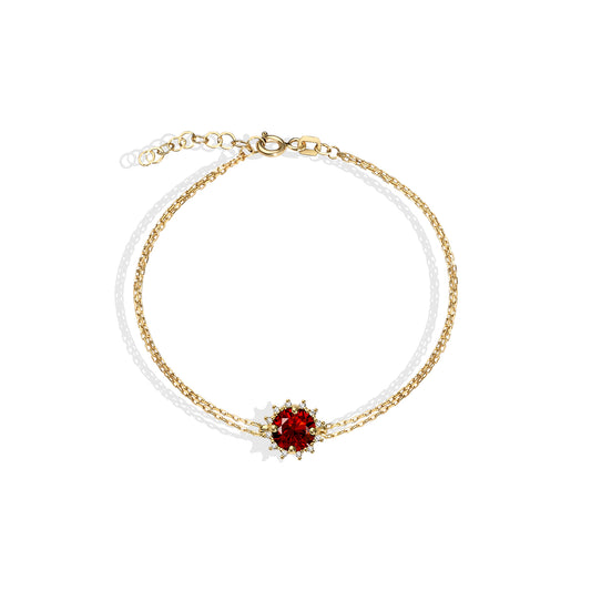 Round Garnet Bracelet with Real Diamond, 14K Solid Gold, January Birthstone