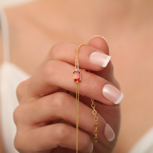 Rectangle Garnet Bracelet 14K Solid Gold, Dainty Gold Baguette January Birthstone