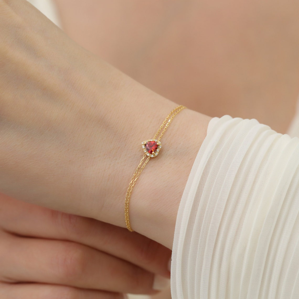 Garnet Heart Bracelet with Real Diamond, 14K Solid Gold, January Birthstone