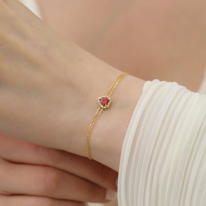 Garnet Heart Bracelet with Real Diamond, 14K Solid Gold, January Birthstone