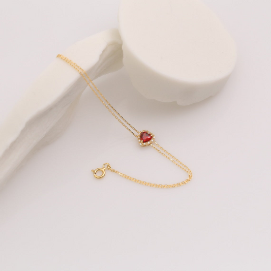 Garnet Heart Bracelet with Real Diamond, 14K Solid Gold, January Birthstone