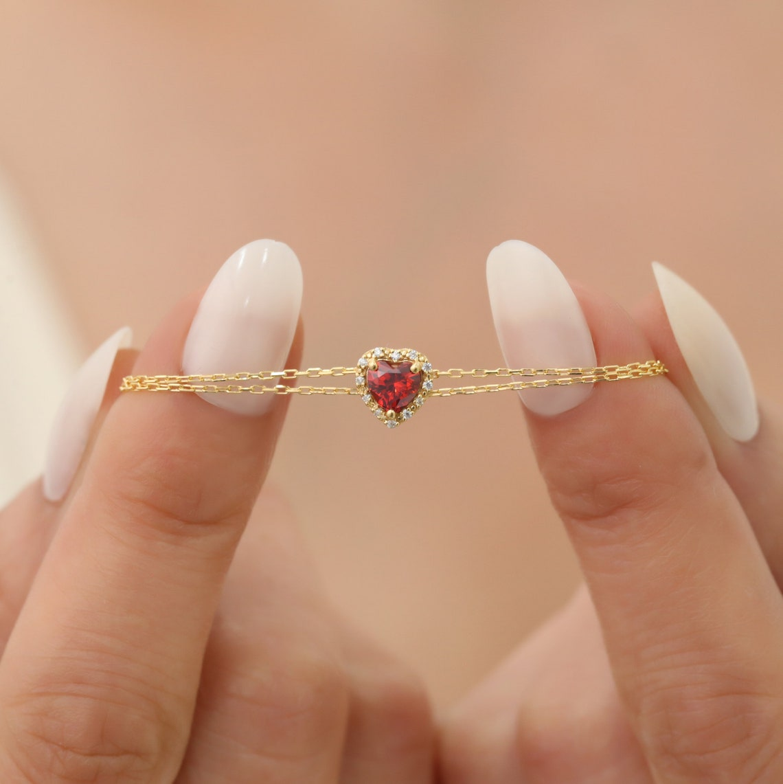 Garnet Heart Bracelet with Real Diamond, 14K Solid Gold, January Birthstone