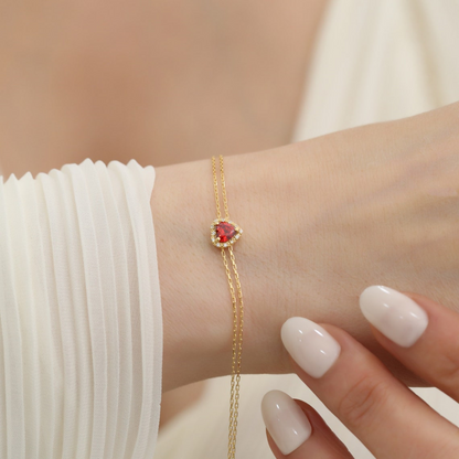 Garnet Heart Bracelet with Real Diamond, 14K Solid Gold, January Birthstone