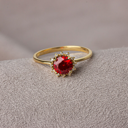 Round Garnet Ring with Real Diamond Around 14K Solid Gold, January Birthstone