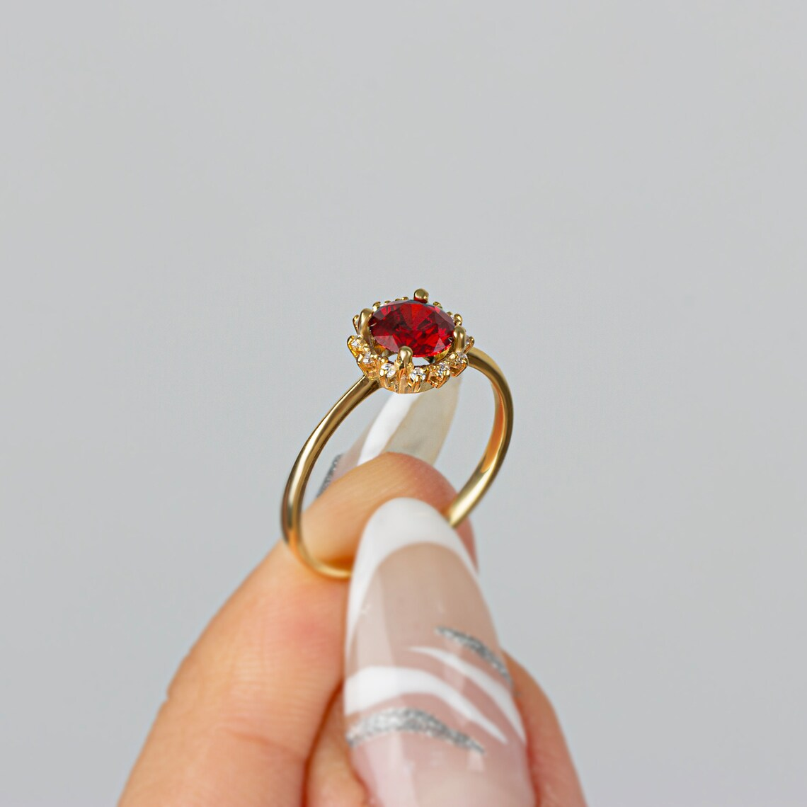 Round Garnet Ring with Real Diamond Around 14K Solid Gold, January Birthstone