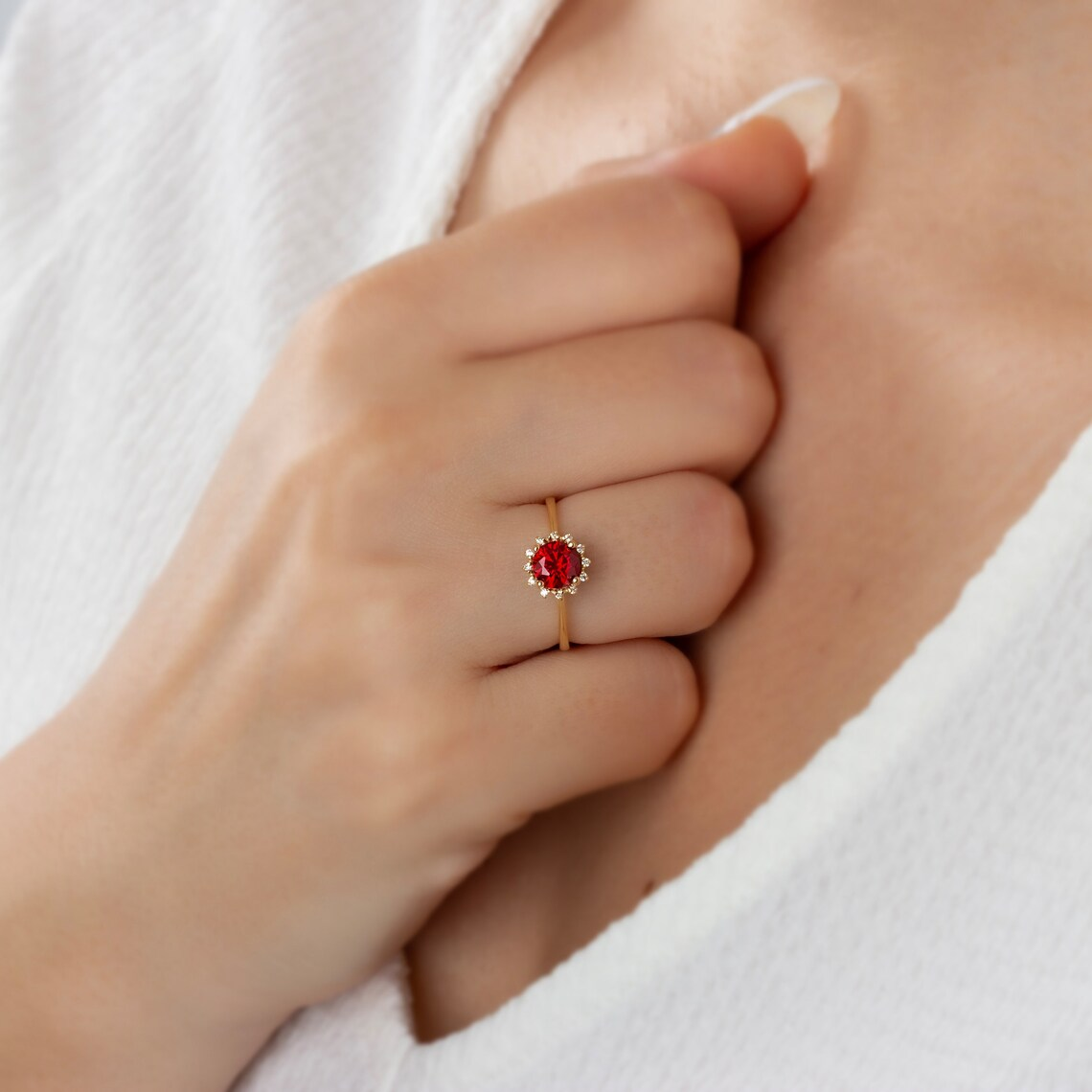 Round Garnet Ring with Real Diamond Around 14K Solid Gold, January Birthstone