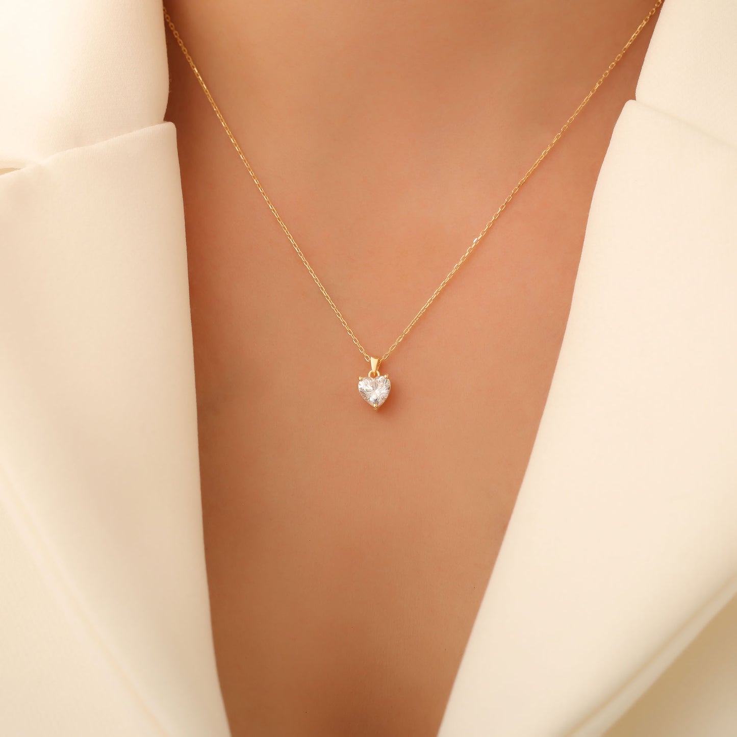 White Topaz Heart Necklace in 14K Solid Gold | April Birthstone Pendant