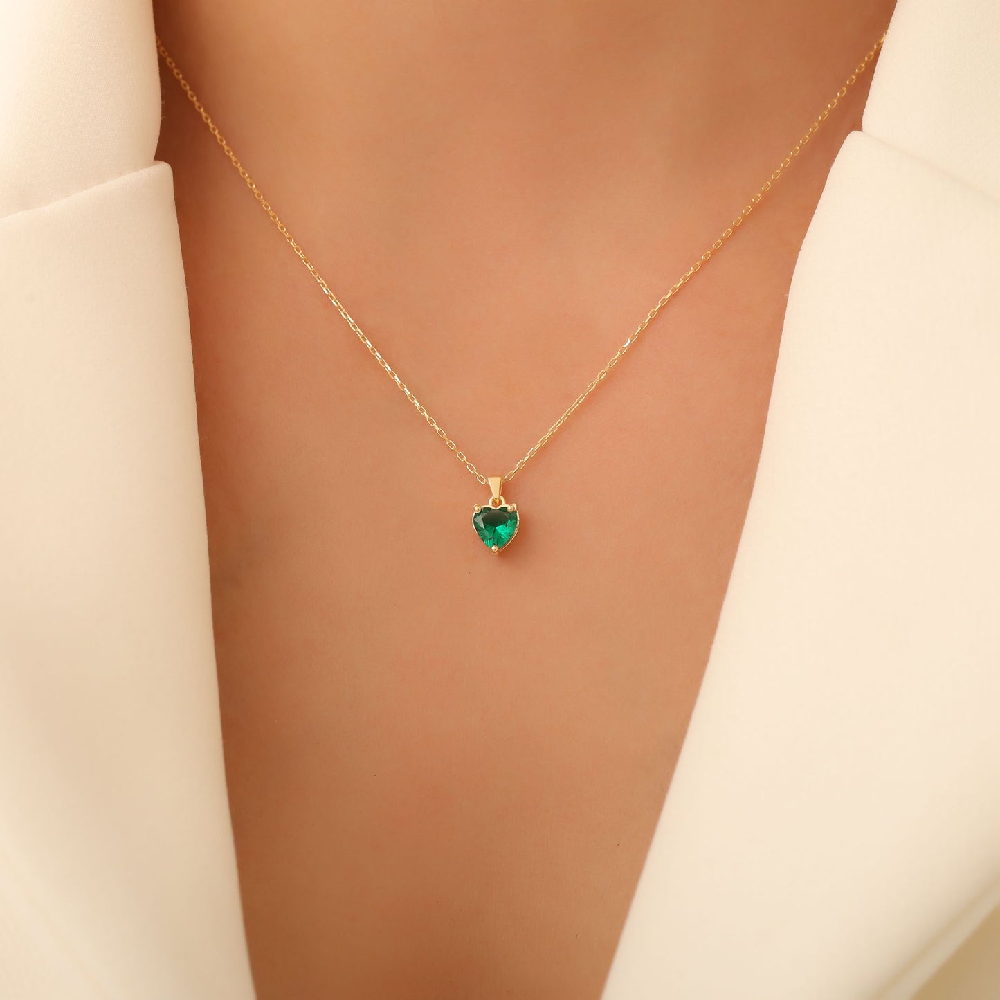 Emerald Heart Necklace in 14K Solid Gold | May Birthstone Pendant