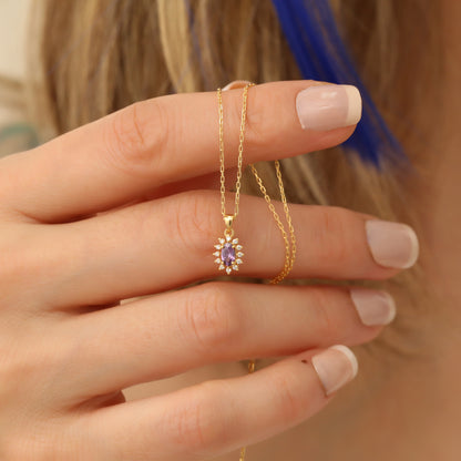 Teardrop Amethyst Necklace surrounded by Real Diamonds 14K Solid Gold, February Birthstone