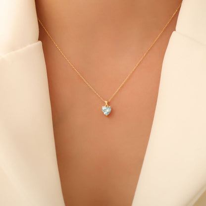 Aquamarine Heart Necklace in 14K Solid Gold | March Birthstone Pendant