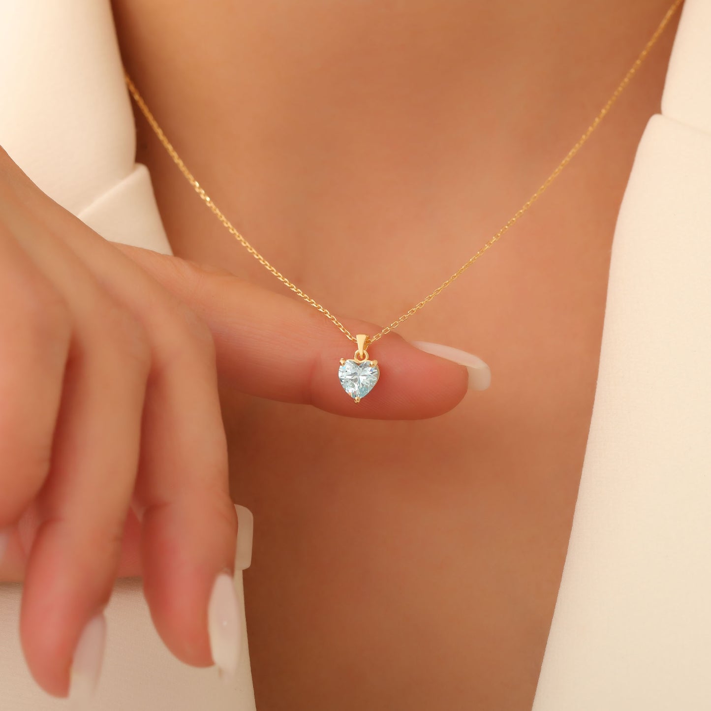 Aquamarine Heart Necklace in 14K Solid Gold | March Birthstone Pendant