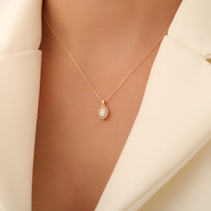 Oval Cut White Topaz Necklace with Real Diamonds, 14K Solid Gold, April Birthstone Pendant