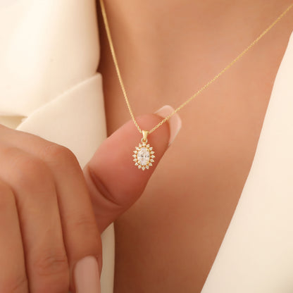 Oval Cut White Topaz Necklace with Real Diamonds, 14K Solid Gold, April Birthstone Pendant