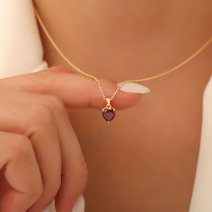 Garnet Heart Necklace in 14K Solid Gold | January Birthstone Pendant