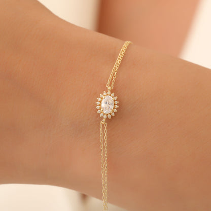 White Topaz Oval Bracelet 14K Solid Gold Surrounded by Real Diamonds, April Birthstone Gift