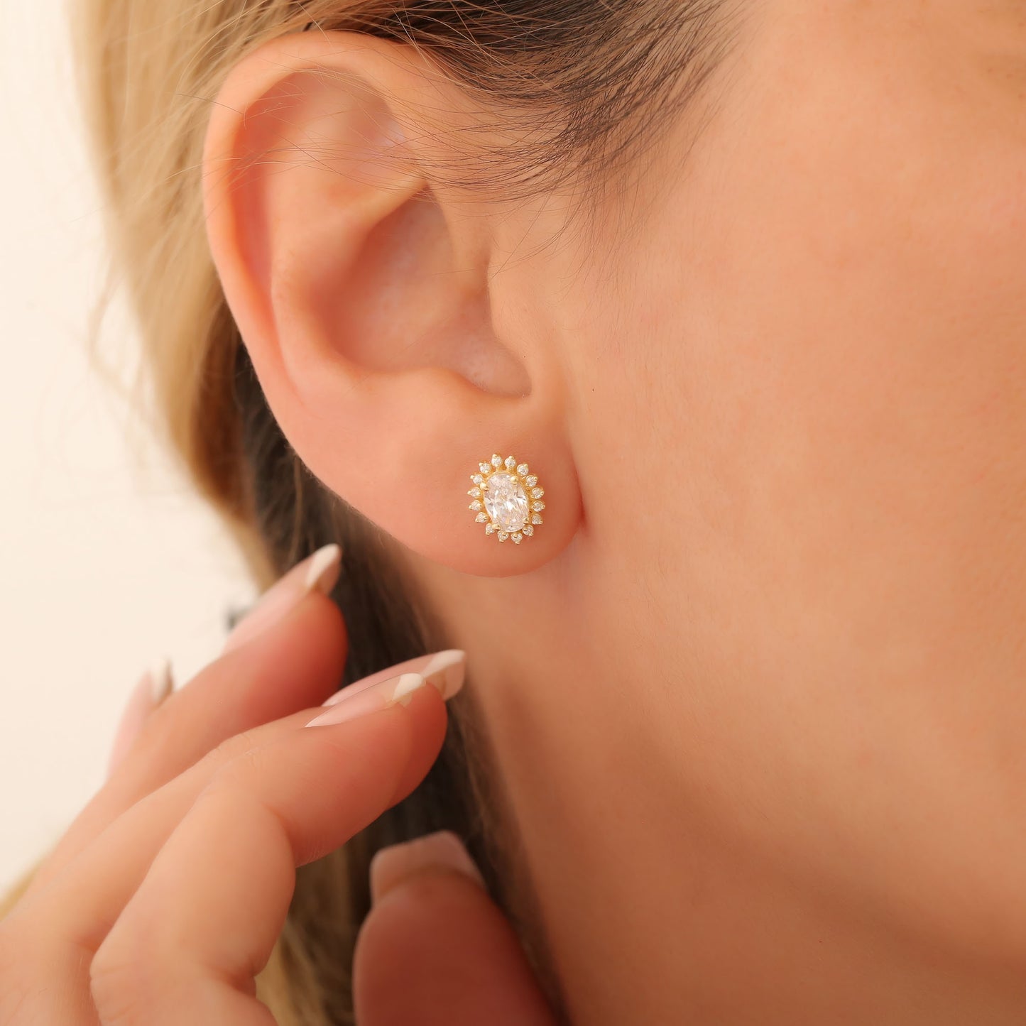 Oval Cut White Topaz Stud Earring Surrounded by Real Diamonds, 14K Solid Gold, April Birthstone