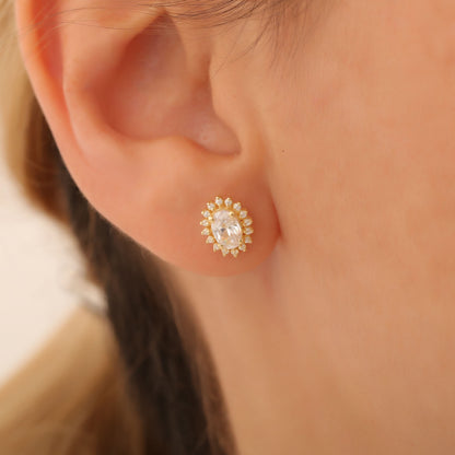 Oval Cut White Topaz Stud Earring Surrounded by Real Diamonds, 14K Solid Gold, April Birthstone