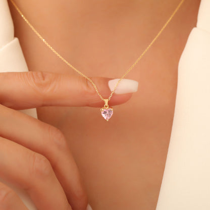 Pink Tourmaline Heart Necklace in 14K Solid Gold | October Birthstone Pendant