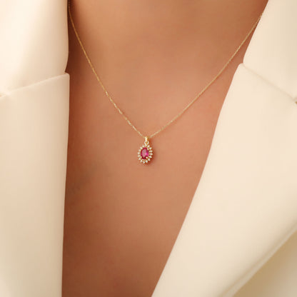 Oval Cut Ruby Necklace with Real Diamonds, 14K Solid Gold, July Birthstone Pendant