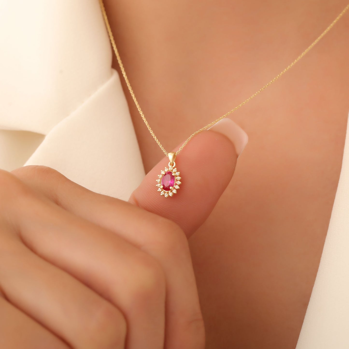 Oval Cut Ruby Necklace with Real Diamonds, 14K Solid Gold, July Birthstone Pendant